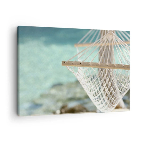 Obraz na płótnie - Hamak z widokiem na turkusową wodę - 70x50cm - Czas relaksu - Nowoczesna dekoracja ścienna do salonu i sypialni ARTTOR