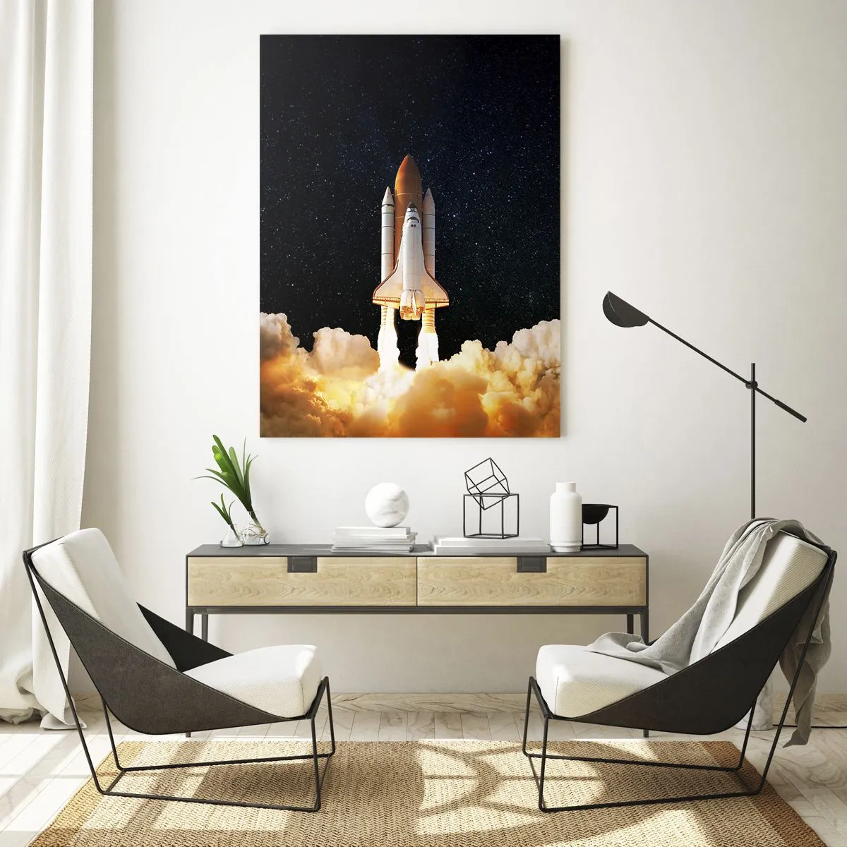 Obraz na szkle - Startująca rakieta kosmiczna na tle gwiaździstego nieba - 70x100cm - Ad astra! - Nowoczesna dekoracja ścienna do salonu i sypialni ARTTOR