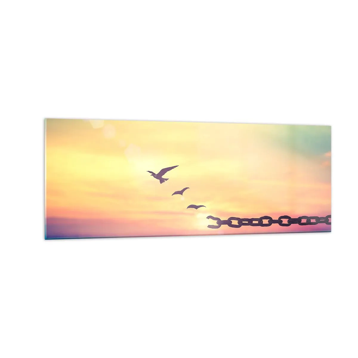 Obraz na szkle - Symbol wolności z ptakami i zerwanym łańcuchem - 140x50cm - Zwycięstwo wolności - Nowoczesna dekoracja ścienna do salonu i sypialni ARTTOR