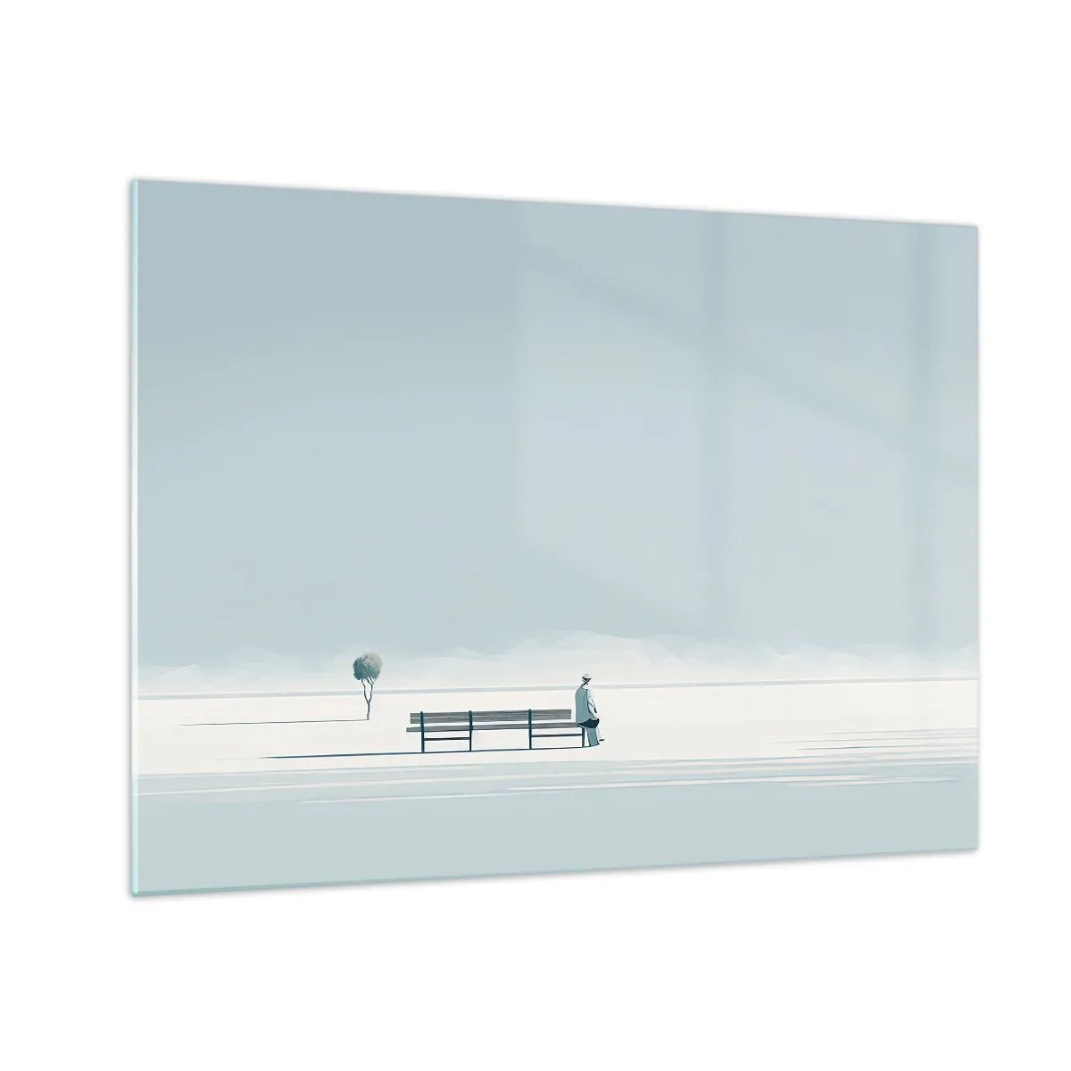 Obraz na szkle - Postać przy ławce w minimalistycznym krajobrazie - 70x50cm - Tak, czekam. - Nowoczesna dekoracja ścienna do salonu i sypialni ARTTOR