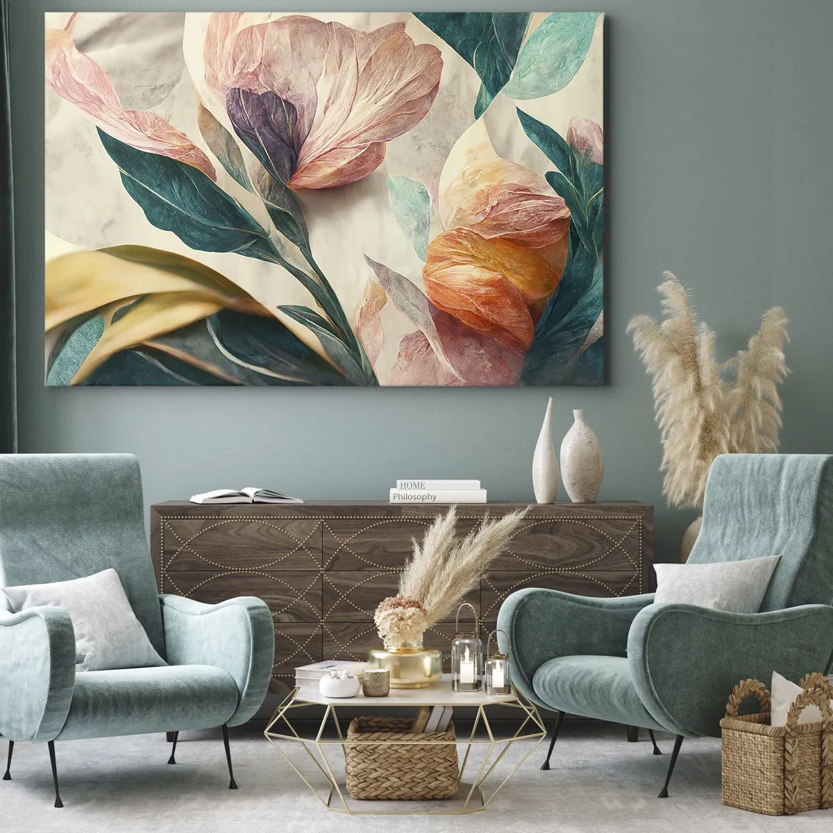 Obraz na płótnie - Kolorowe kwiaty w tropikalnym stylu na jasnym tle - 70x50cm - Kwiaty wysp południowych - Nowoczesna dekoracja ścienna do salonu i sypialni ARTTOR