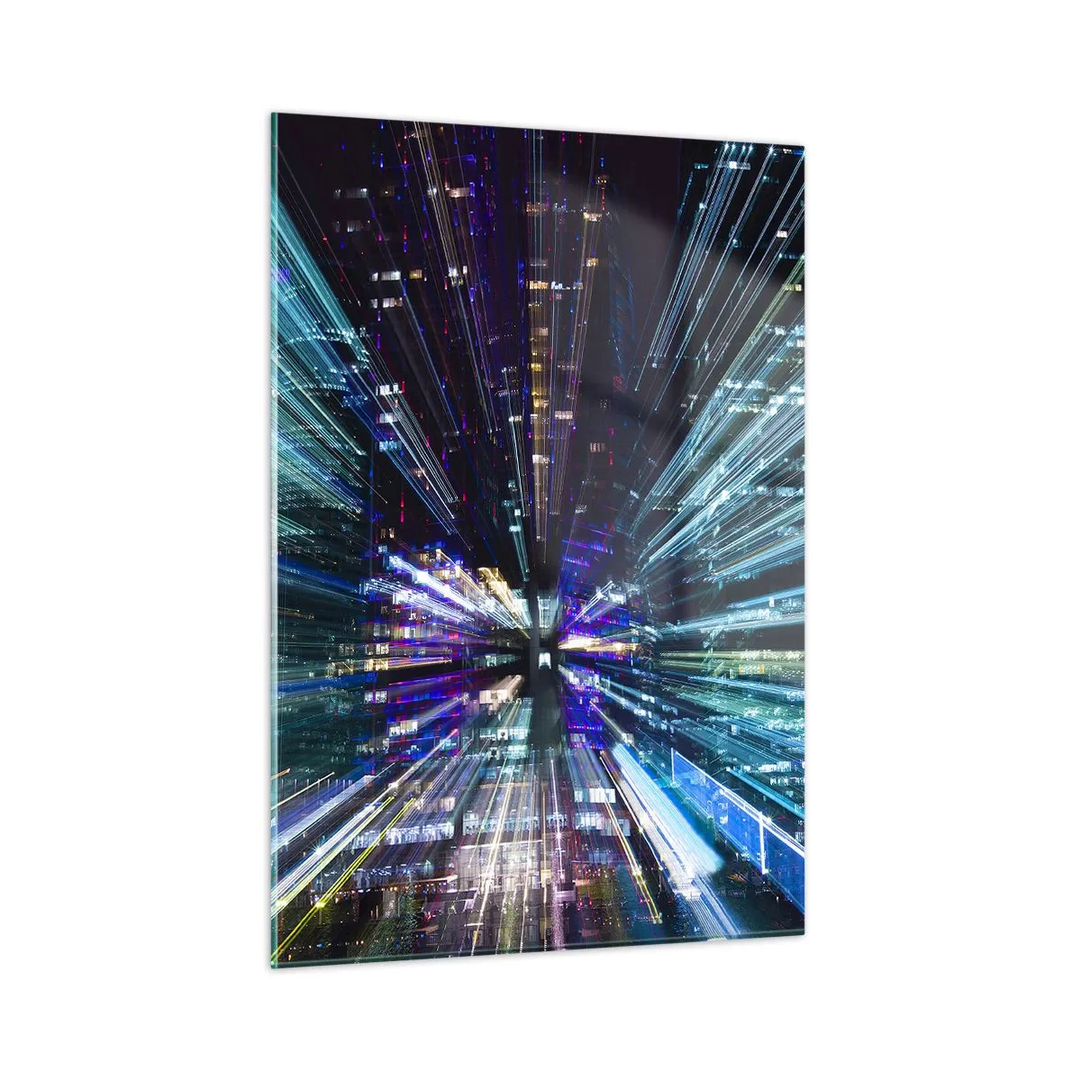 Obraz na szkle - Dynamiczne linie świetlne na tle nocnego miasta - 50x70cm - Przejście w nadprzestrzeń - Nowoczesna dekoracja ścienna do salonu, kuchni i sypialni ARTTOR