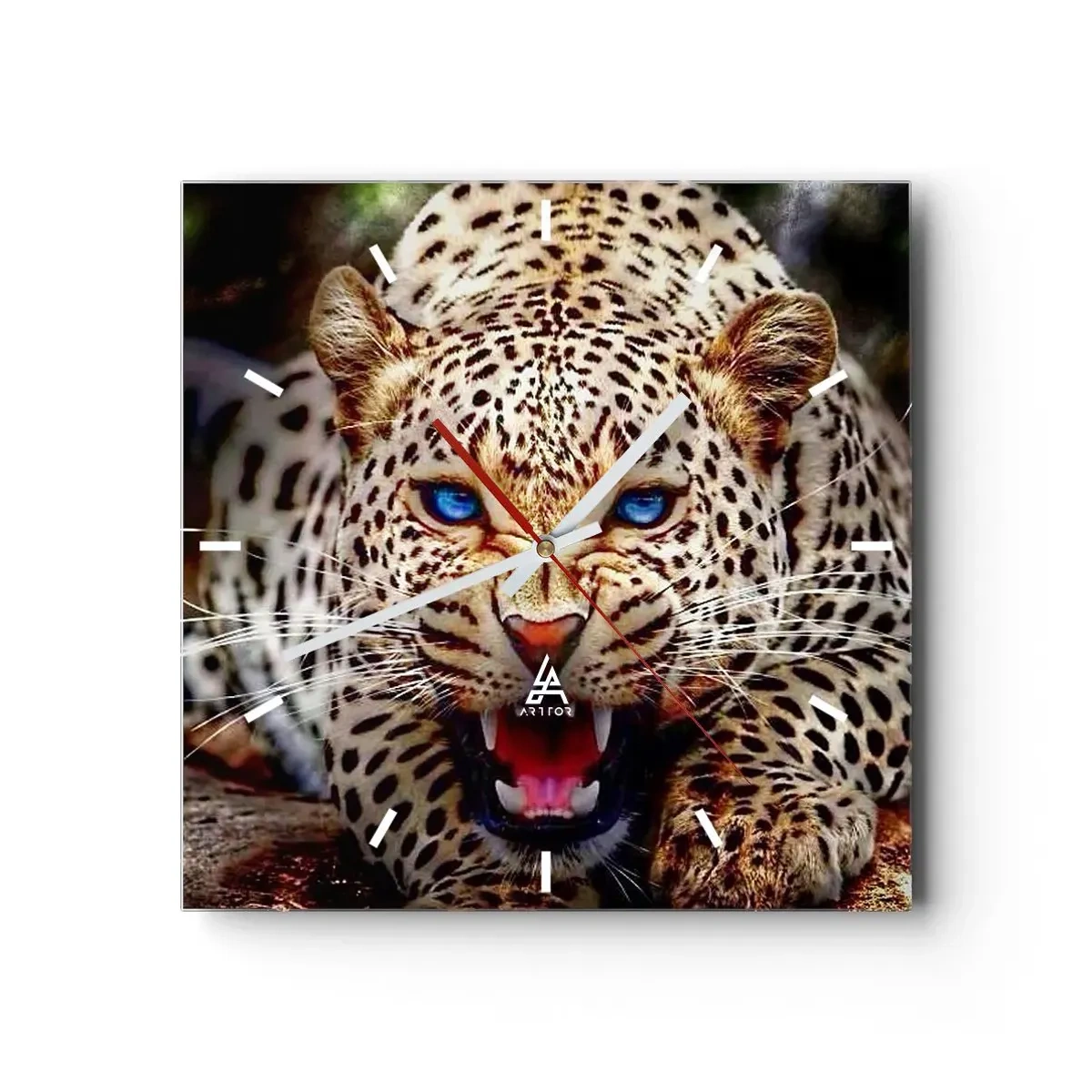 Zegar ścienny - Groźny leopard z intensywnie błękitnymi oczami - 30x30cm - Złość piękności nie szkodzi - Nowoczesna dekoracja ścienna do salonu i sypialni ARTTOR