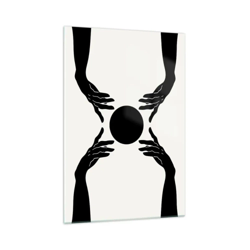 Obraz na szkle - Czarne dłonie w symetrycznej kompozycji z kulą - 70x100cm - Tajemny znak - Nowoczesna dekoracja ścienna do salonu i sypialni ARTTOR