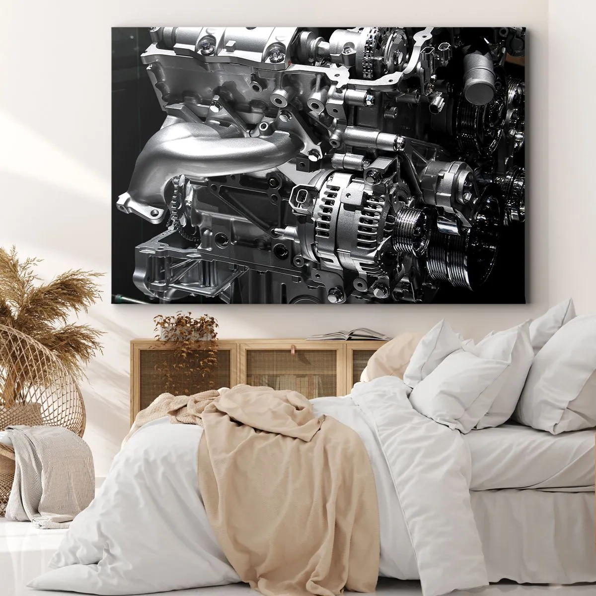 Obraz na płótnie - Metalowe części silnika w zbliżeniu na czarnym tle - 70x50cm - Stalowy, piękny, silny - Nowoczesna dekoracja ścienna do salonu i sypialni ARTTOR