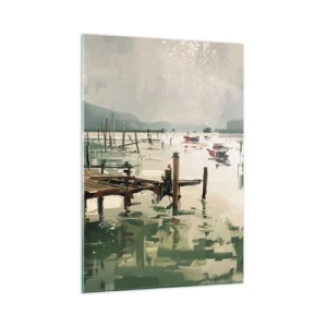 Obraz na szkle - Drewniany pomost i łodzie na spokojnej wodzie otoczonej górami - 50x70cm - Oblane roztopionym księżycem - Nowoczesna dekoracja ścienna do salonu, kuchni i sypialni ARTTOR