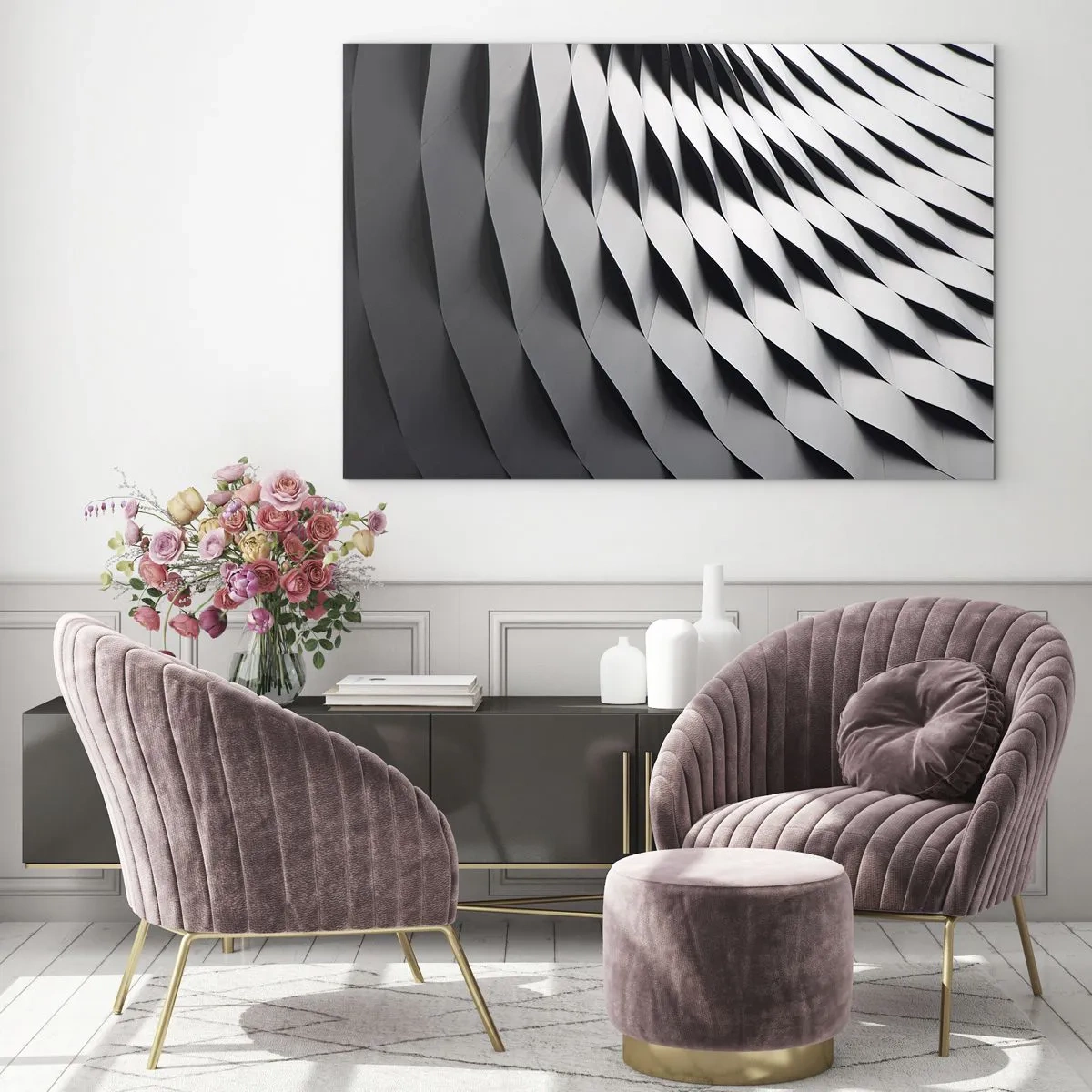 Obraz na szkle - Abstrakcyjna czarno-biała struktura przypominająca falujące formy - 70x50cm - Na powierzchni fal - Nowoczesna dekoracja ścienna do salonu i sypialni ARTTOR