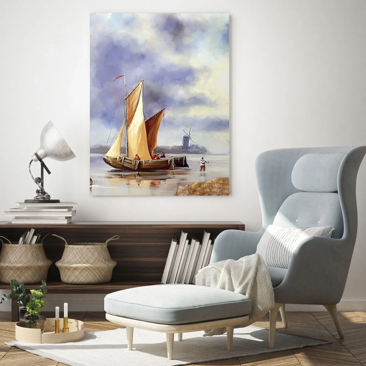 Obraz na szkle - Żaglówki na spokojnym jeziorze z wiatrakami w tle - 50x70cm - Powrót żeglarzy - Nowoczesna dekoracja ścienna do salonu, kuchni i sypialni ARTTOR
