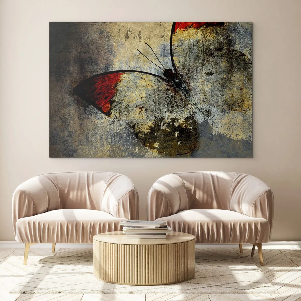 Obraz na szkle - Abstrakcyjny motyl na tle postarzałego tła - 120x80cm - Patrz, zanim zniknę - Nowoczesna dekoracja ścienna do salonu, kuchni i sypialni ARTTOR