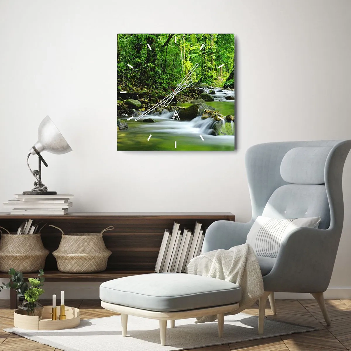 Zegar ścienny - Strumień w lesie tropikalnym z bujną zielenią - 30x30cm - Popłynąć w morzu zieleni - Nowoczesna dekoracja ścienna do salonu i sypialni ARTTOR