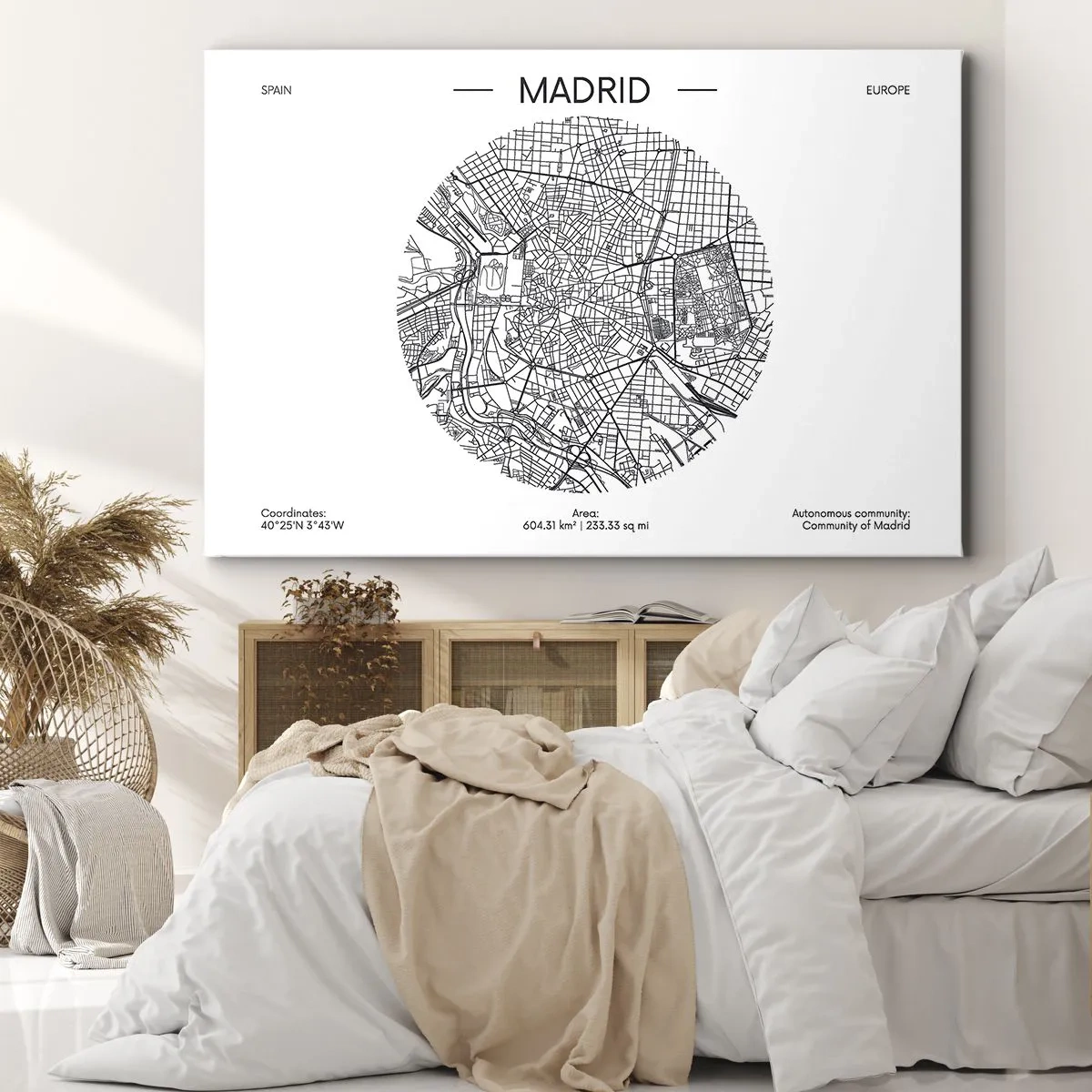 Obraz na płótnie - Mapa Madrytu w minimalistycznym, czarno-białym stylu - 70x50cm - Anatomia Madrytu - Nowoczesna dekoracja ścienna do salonu i sypialni ARTTOR
