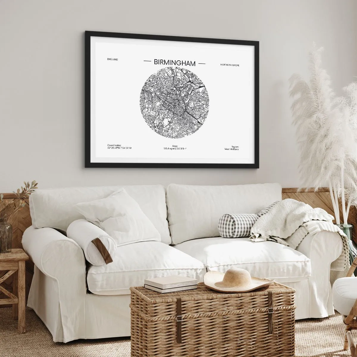 Plakat w czarnej ramie - Minimalistyczna mapa Birmingham w czarno-białej kolorystyce z precyzyjnymi detalami - 100x70cm - Anatomia Birmingham - Nowoczesna dekoracja ścienna do salonu i sypialni ARTTOR