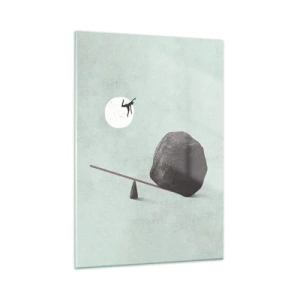 Obraz na szkle - Minimalistyczna scena z człowiekiem lecącym w stronę księżyca - 50x70cm - Spełnione marzenie - Nowoczesna dekoracja ścienna do salonu, kuchni i sypialni ARTTOR