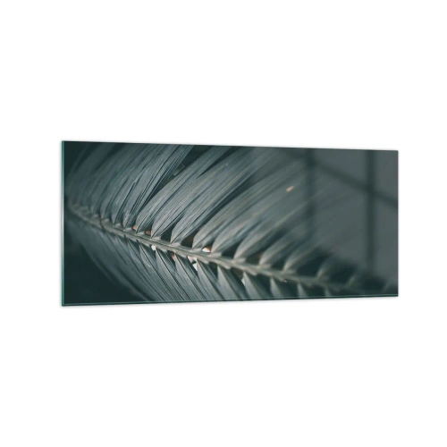 Obraz na szkle - Zbliżenie na detal liścia palmowego w ciemnej tonacji - 120x50cm - Precyzja natury - Nowoczesna dekoracja ścienna do salonu i sypialni ARTTOR