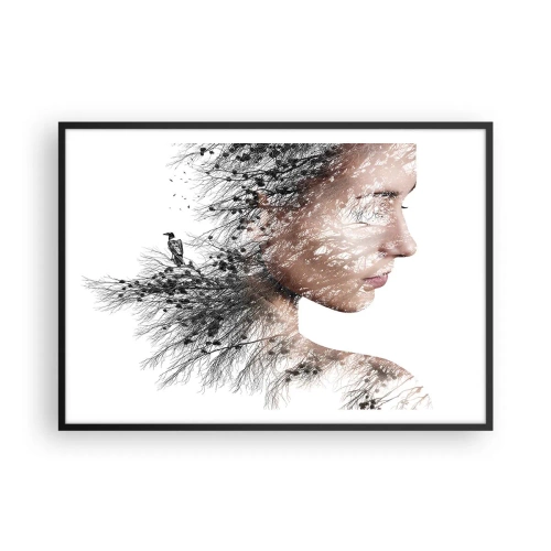 Plakat w czarnej ramie - Sylwetka kobiety z motywem gałęzi i ptaka w tle - 100x70cm - Duch lasu - Nowoczesna dekoracja ścienna do salonu i sypialni ARTTOR