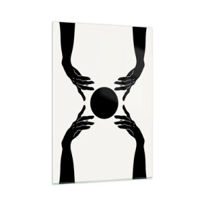 Obraz na szkle - Czarne dłonie w symetrycznej kompozycji z kulą - 80x120cm - Tajemny znak - Nowoczesna dekoracja ścienna do salonu i sypialni ARTTOR