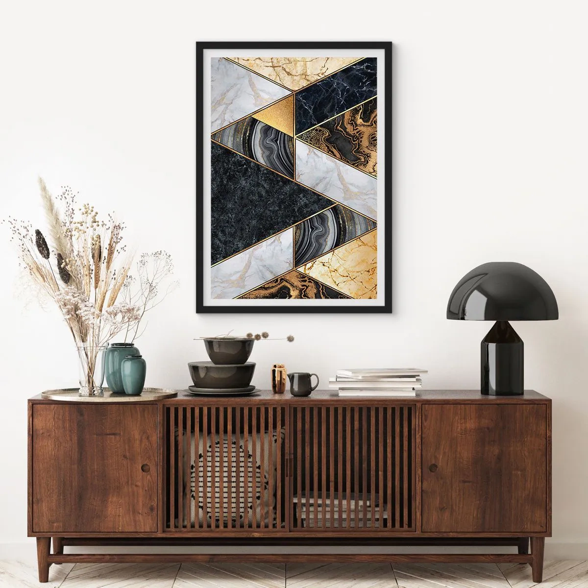 Plakat w czarnej ramie - Geometria marmuru w odcieniach złota, czerni i bieli - 50x70cm - Kamień przy kamieniu - Nowoczesna dekoracja ścienna do salonu i sypialni ARTTOR