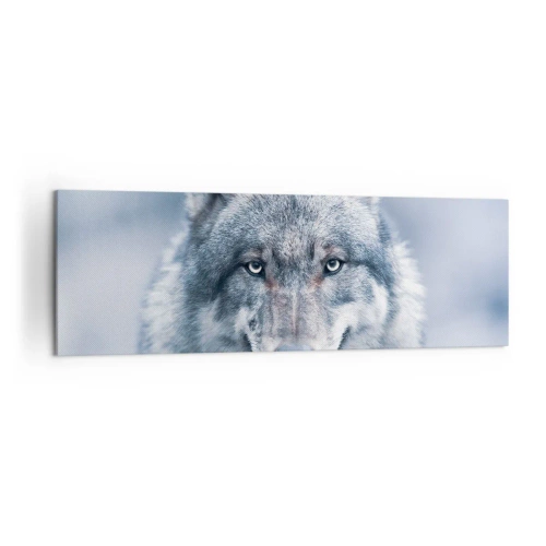 Obraz na płótnie - Wilk z intensywnym spojrzeniem w zimowym krajobrazie - 160x50cm - Podejmiesz wyzwanie? - Nowoczesna dekoracja ścienna do salonu i sypialni ARTTOR