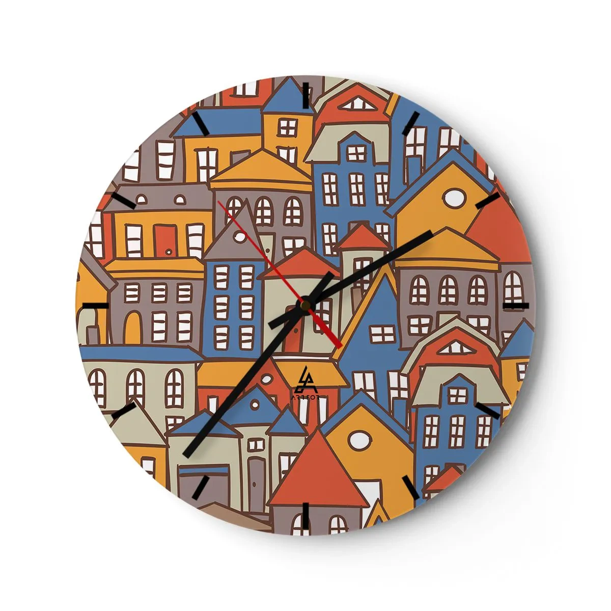 Zegar ścienny - Kolorowe budynki w stylu graficznym - 30x30cm - Za domem dom - Nowoczesna dekoracja ścienna do salonu, kuchni i sypialni ARTTOR