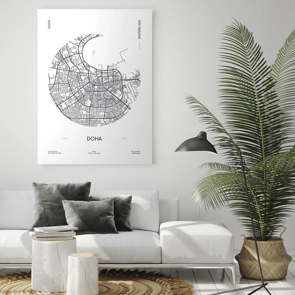 Obraz na szkle - Graficzna mapa Dohy w czarno-białym stylu minimalistycznym - 50x70cm - Anatomia Dohy - Nowoczesna dekoracja ścienna do salonu, kuchni i sypialni ARTTOR