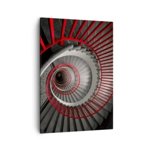 Obraz na płótnie - Spiralne schody z czerwonymi poręczami w czarno-białej kolorystyce - 50x70cm - Zabawy architektury - Nowoczesna dekoracja ścienna do salonu, kuchni i sypialni ARTTOR