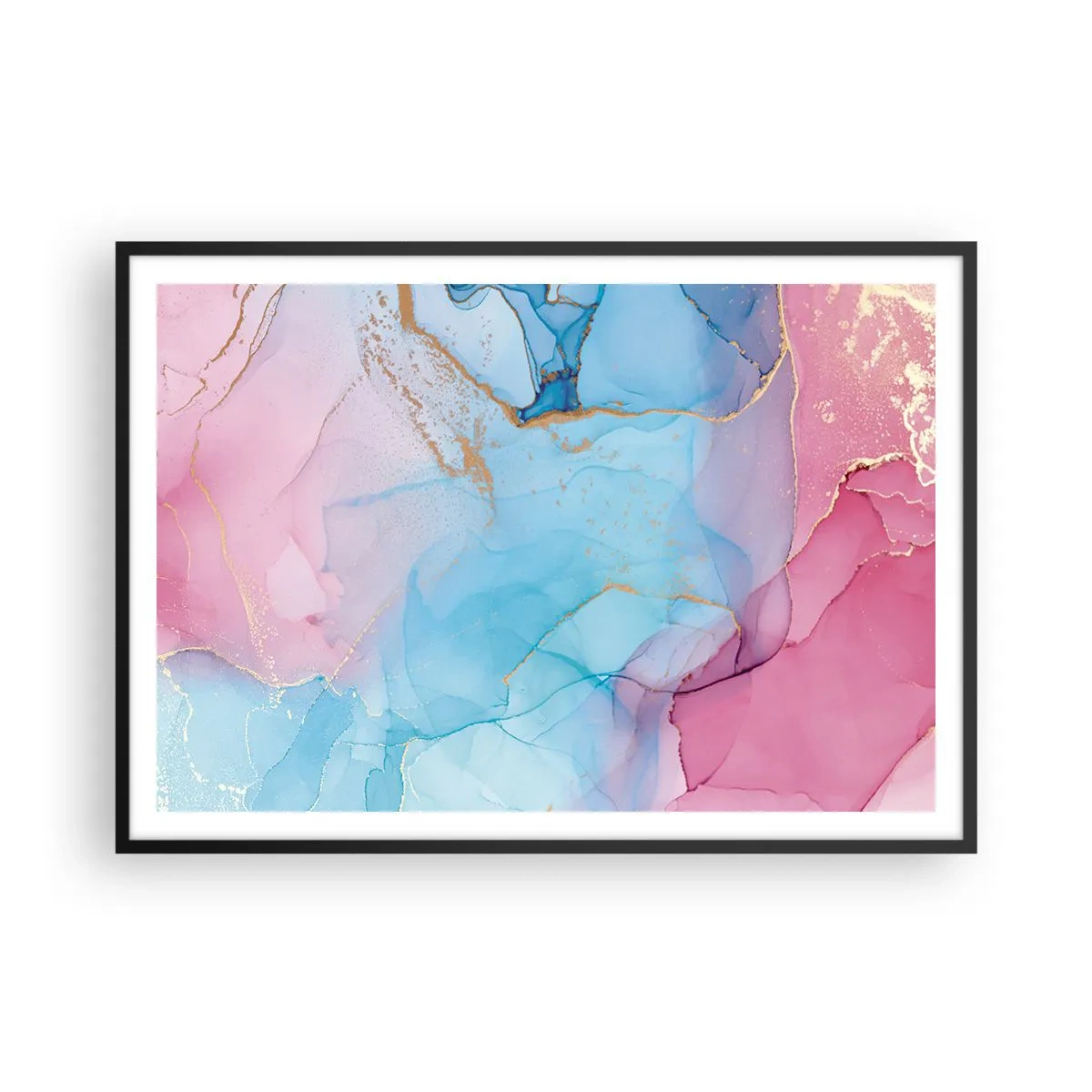 Plakat w czarnej ramie - Abstrakcyjne pastelowe wzory z akcentami złota - 100x70cm - Spotkanie i przenikanie - Nowoczesna dekoracja ścienna do salonu i sypialni ARTTOR