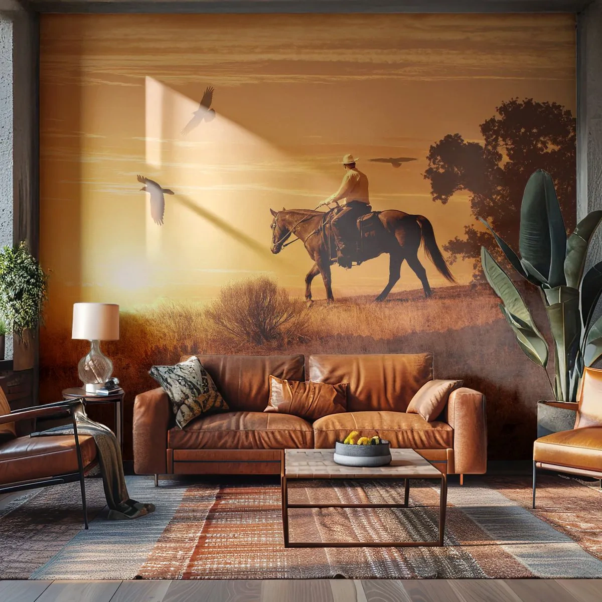 Fototapeta Premium Canvas - Samotnie przez prerię - Koń, Kowboj, Krajobraz - 250x175 cm