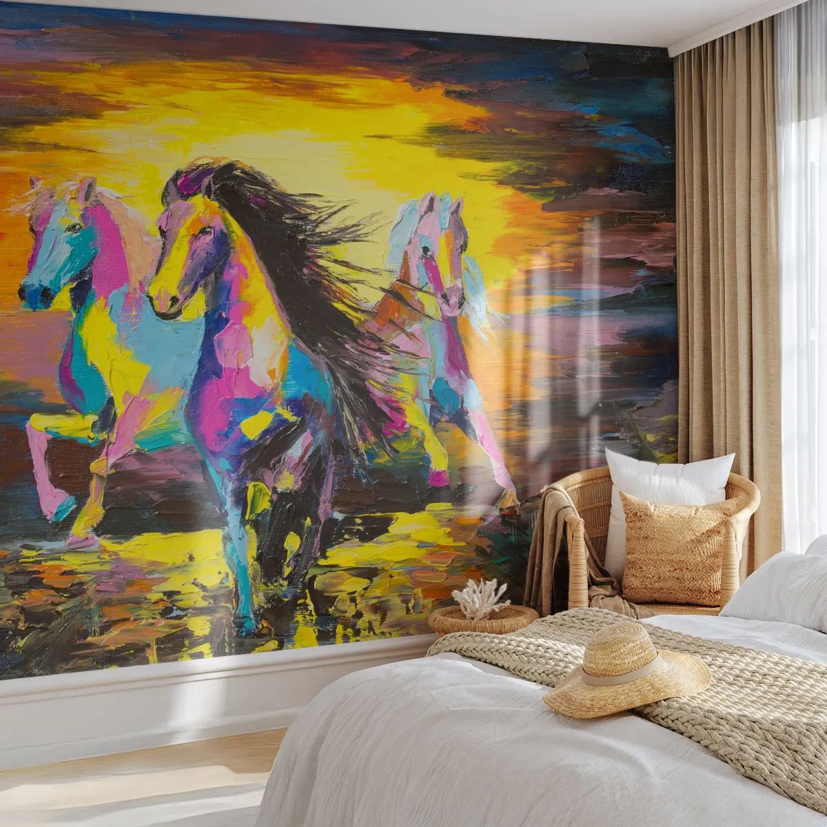 Fototapeta Standard Eco - Kolorowe konie w galopie - 100x70cm - Zanurzone w tęczy - Nowoczesna dekoracja ścienna do salonu i sypialni ARTTOR