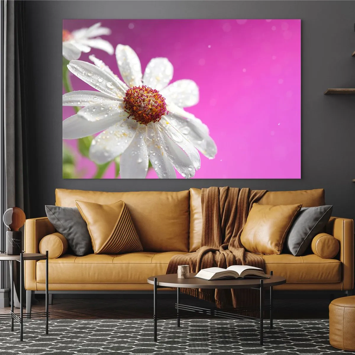 Obraz na szkle - Makrofotografia białego kwiatu z kroplami rosy na tle różu - 70x50cm - Skromny w swojej urodzie - Nowoczesna dekoracja ścienna do salonu i sypialni ARTTOR