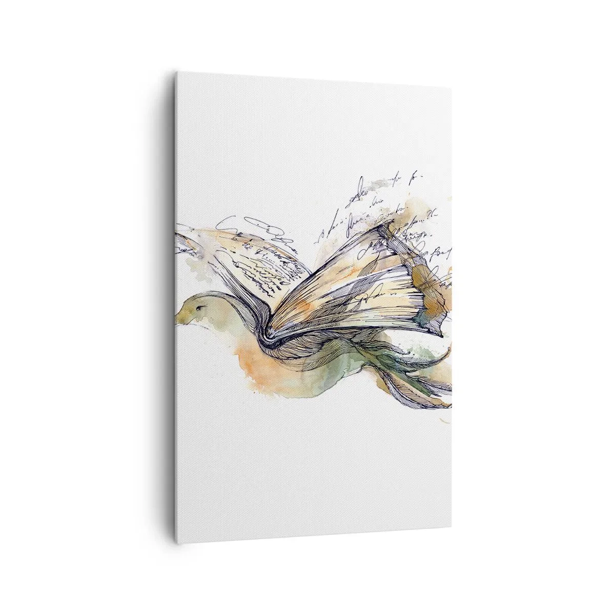 Obraz na płótnie - Artystyczna akwarela ptaka z książką jako skrzydłami - 80x120cm - Na skrzydłach poezji - Nowoczesna dekoracja ścienna do salonu i sypialni ARTTOR
