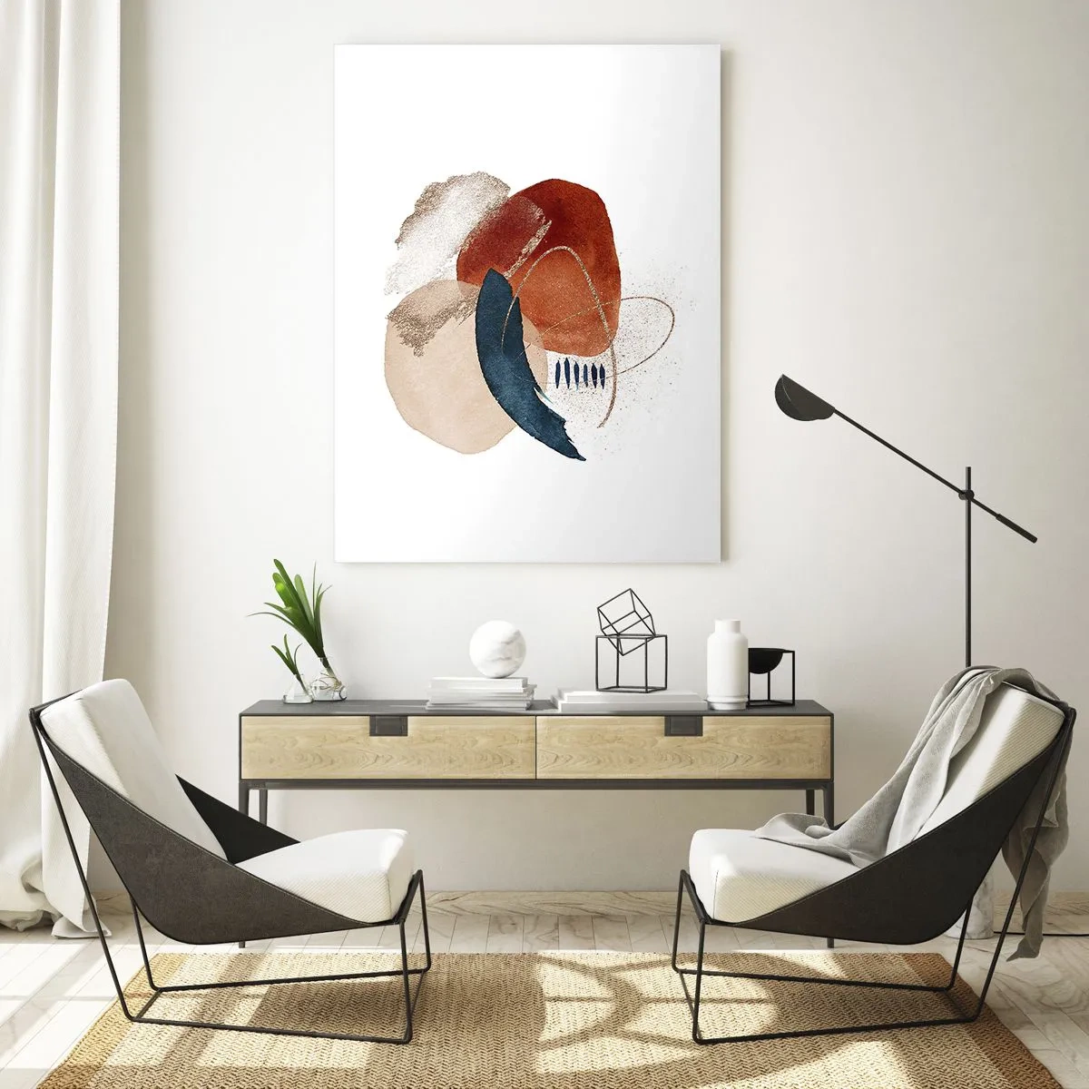 Obraz na szkle - Abstrakcyjna kompozycja z plamami w odcieniach ziemi i granatu - 70x100cm - Owalna kompozycja - Nowoczesna dekoracja ścienna do salonu i sypialni ARTTOR
