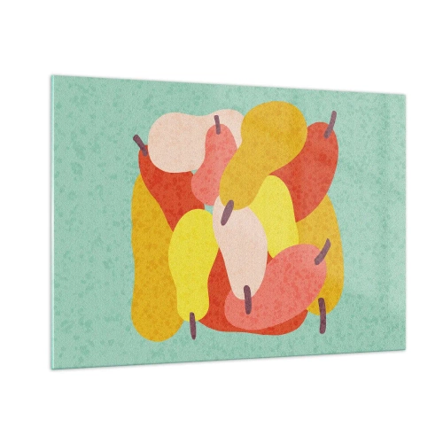 Obraz na szkle - Kolorowe gruszki w stylu graficznym na turkusowym tle - 100x70cm - Spróbuj letniego słońca - Nowoczesna dekoracja ścienna do salonu, kuchni i sypialni ARTTOR