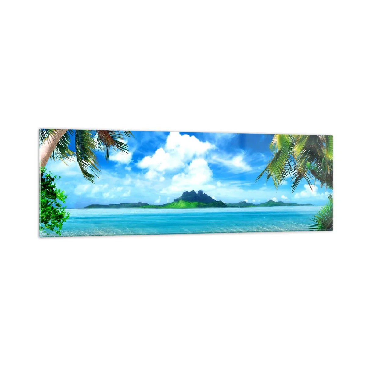 Obraz na szkle - Tropikalna plaża z palmami i widokiem na wyspę - 160x50cm - Lazur tropików - Nowoczesna dekoracja ścienna do salonu i sypialni ARTTOR