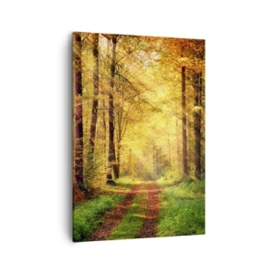 Obraz na płótnie - Leśna ścieżka w złocistym świetle jesieni - 50x70cm - Leśno-złota cisza - Nowoczesna dekoracja ścienna do salonu, kuchni i sypialni ARTTOR