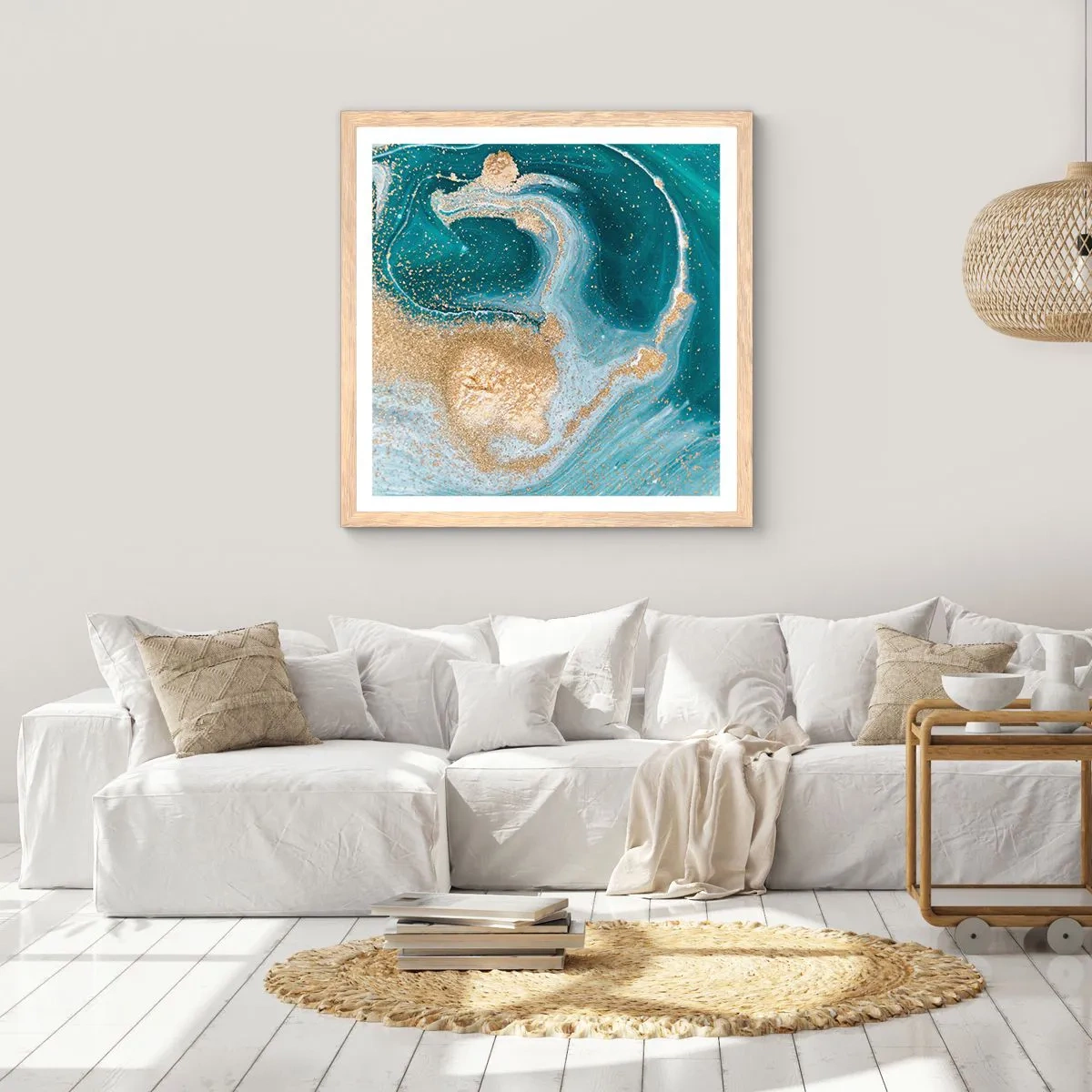 Plakat w ramie jasny dąb - Wir złota i turkusu - 60x60 cm