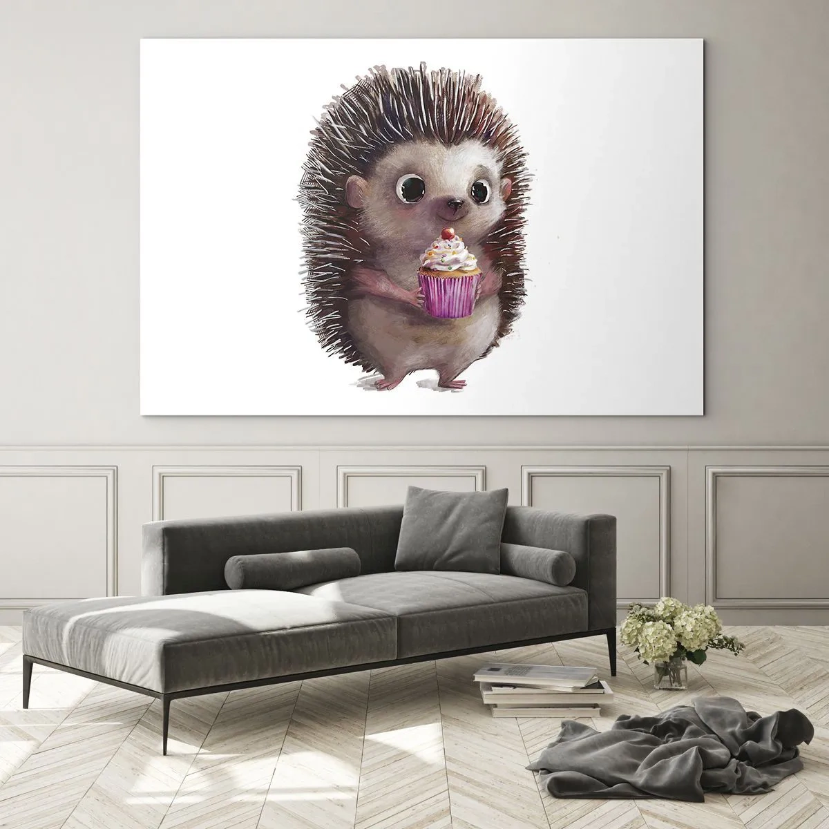 Obraz na szkle - Uroczy jeż z babeczką na białym tle - 70x50cm - Święto jest co dzień - Nowoczesna dekoracja ścienna do salonu i sypialni ARTTOR
