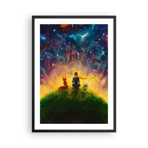 Plakat w czarnej ramie - Postacie siedzące na wzgórzu pod rozgwieżdżonym niebem - 50x70cm - Miłość i przyjaźń - cały świat - Nowoczesna dekoracja ścienna do salonu i sypialni ARTTOR