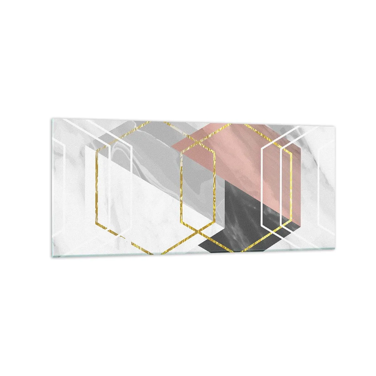 Obraz na szkle - Geometryczne figury z akcentami złota i marmuru - 120x50cm - Kompozycja łańcuchowa - Nowoczesna dekoracja ścienna do salonu i sypialni ARTTOR