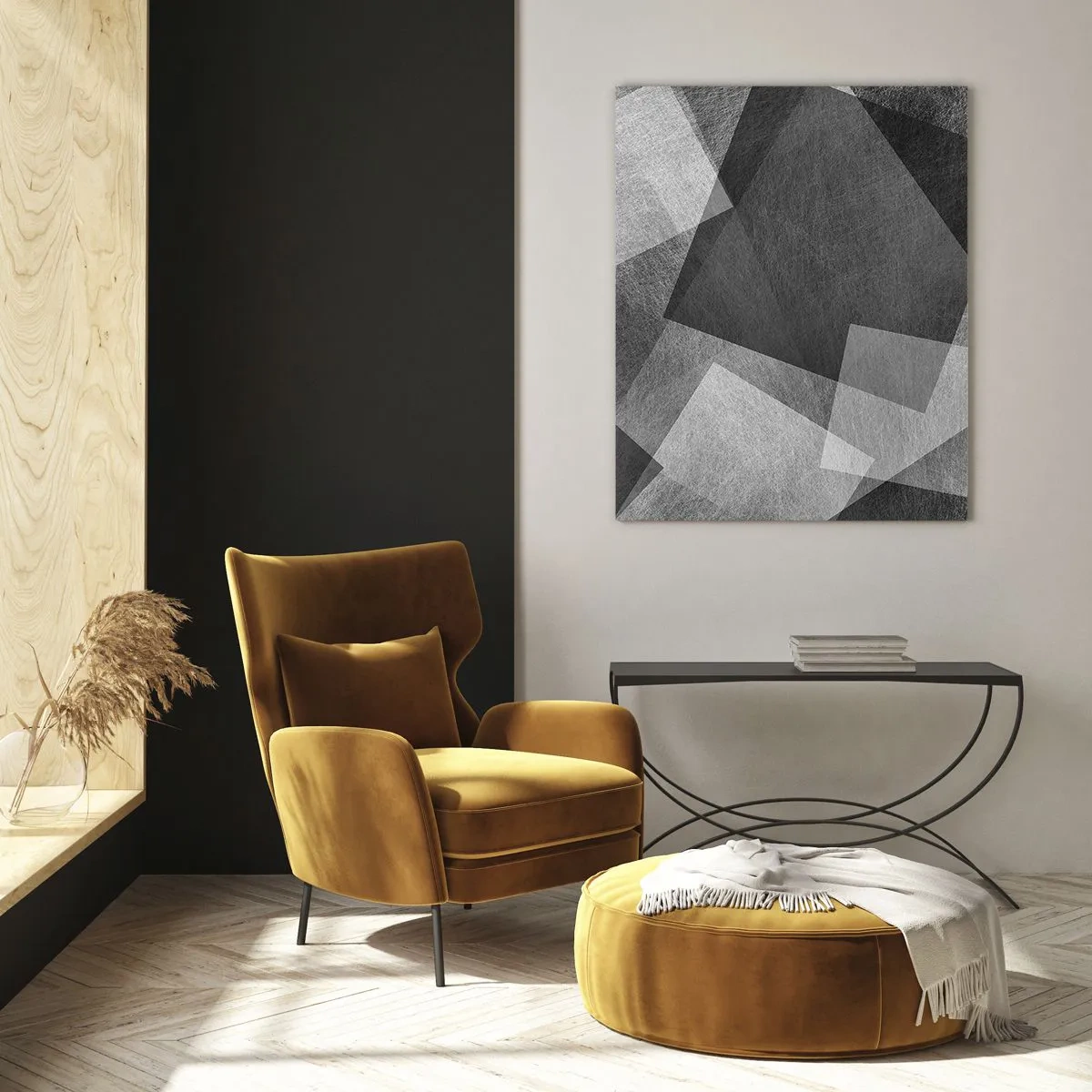 Obraz na szkle - Czarno-biała abstrakcja z geometrycznymi kształtami - 80x120cm - Odwieczny symbol trwałości i porządku - Nowoczesna dekoracja ścienna do salonu i sypialni ARTTOR