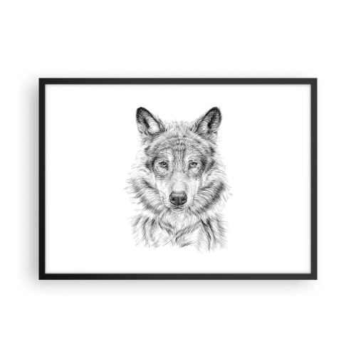 Plakat w czarnej ramie - Szkic głowy wilka w monochromatycznym stylu na białym tle - 70x50cm - Urodzony przywódca - Nowoczesna dekoracja ścienna do salonu i sypialni ARTTOR