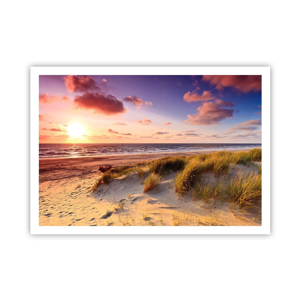 Plakat - Plaża z trawami i zachód słońca nad spokojnym morzem - 100x70cm - Już latem pachnie powietrze - Nowoczesna dekoracja ścienna do salonu i sypialni ARTTOR