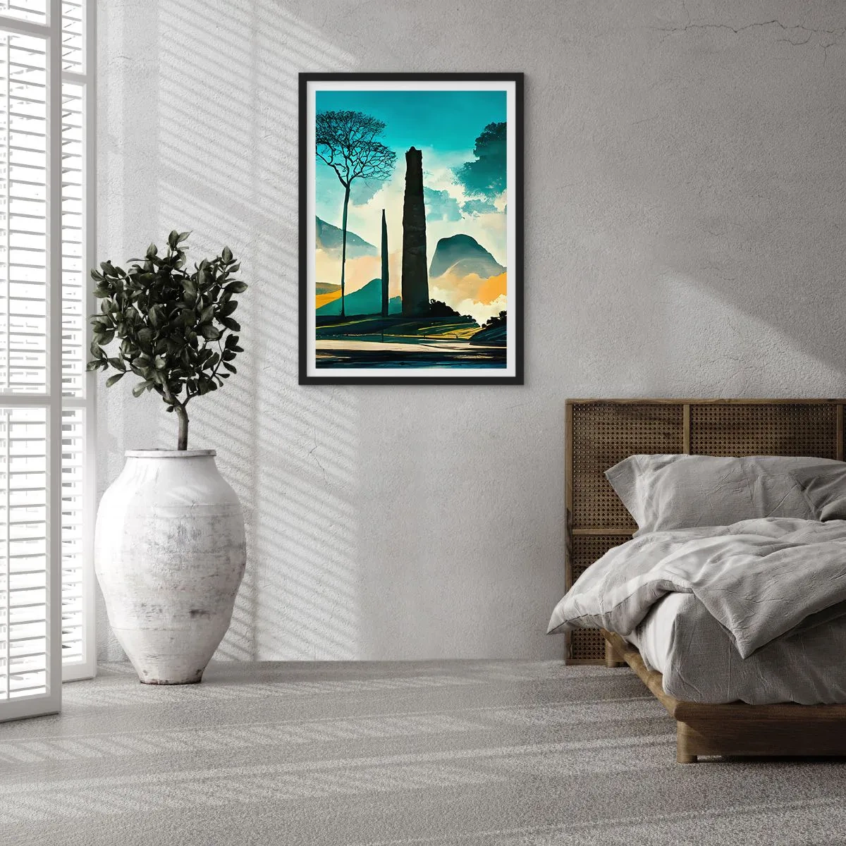 Plakat w czarnej ramie - Tajemniczy krajobraz z monumentalnymi obeliskami - 50x70cm - Wciąż wyżej i wyżej - Nowoczesna dekoracja ścienna do salonu i sypialni ARTTOR