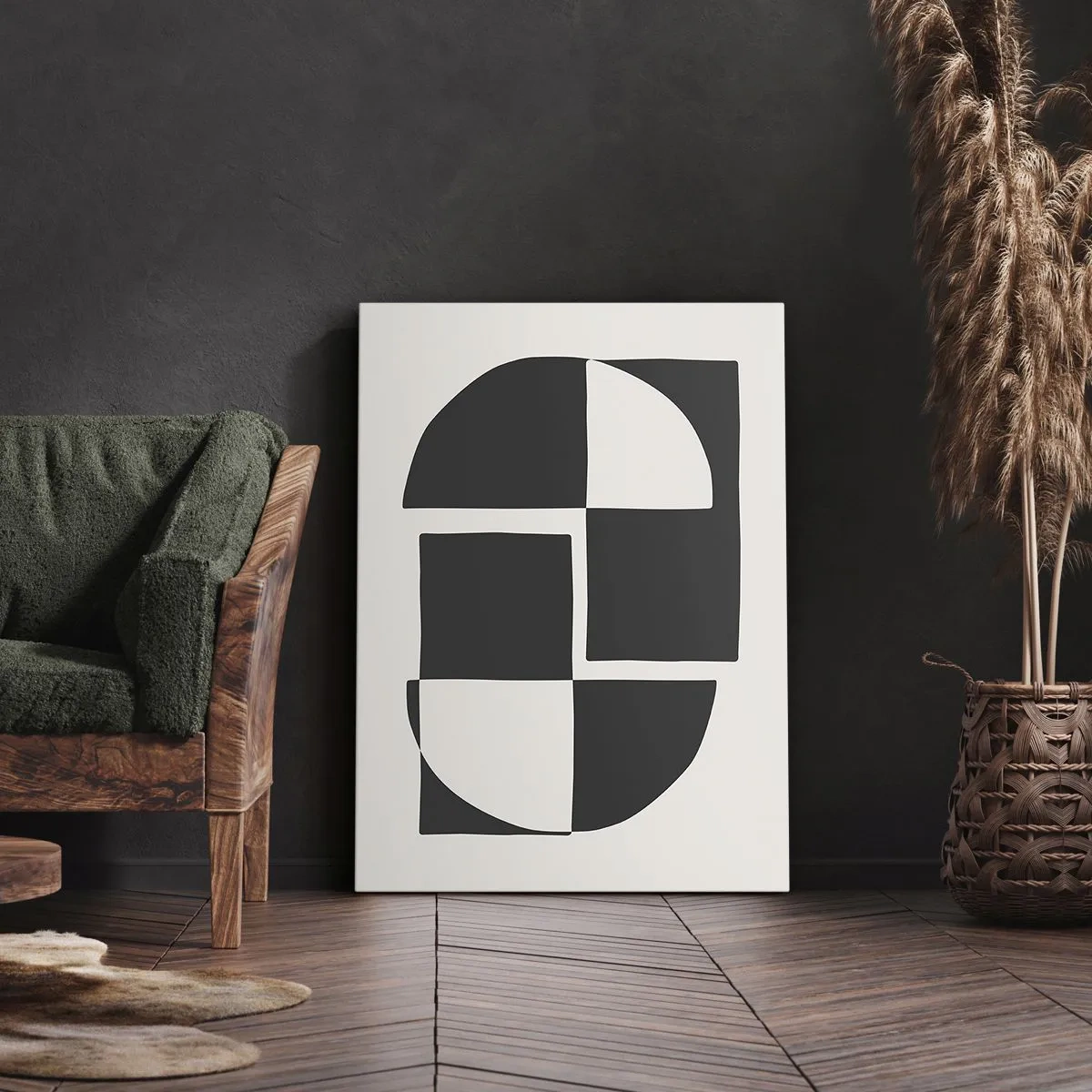 Obraz na płótnie - Abstrakcyjna kompozycja geometryczna w odcieniach czerni i bieli - 50x70cm - Antyteza – synteza - Nowoczesna dekoracja ścienna do salonu, kuchni i sypialni ARTTOR