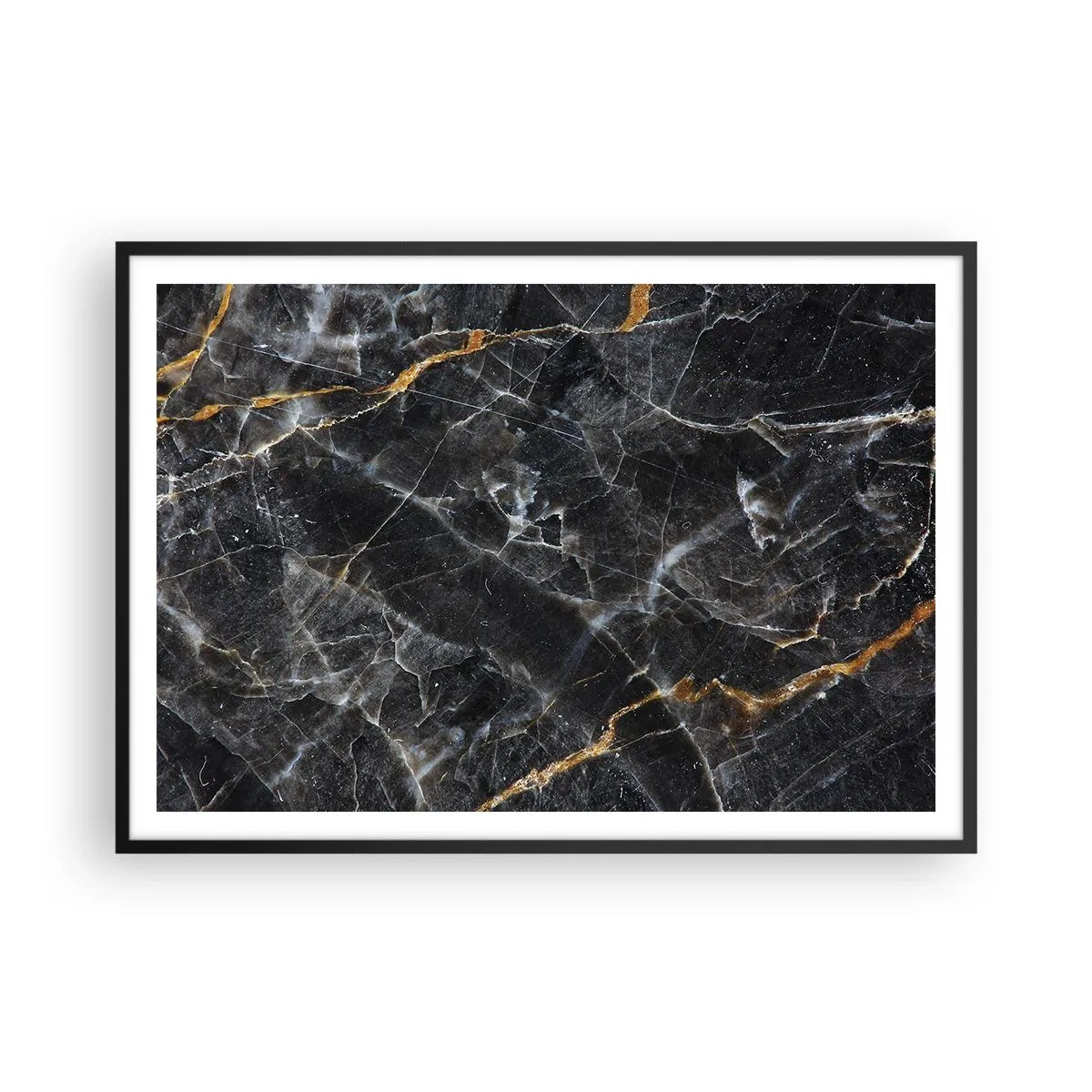 Plakat w czarnej ramie - Czarno-złote detale marmurowej powierzchni - 100x70cm - Wewnętrzne życie kamienia - Nowoczesna dekoracja ścienna do salonu i sypialni ARTTOR