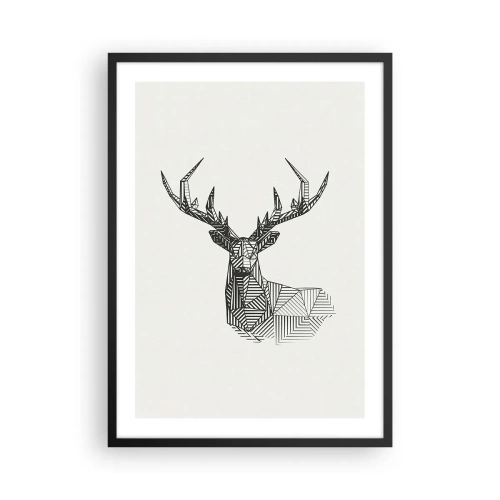 Plakat w czarnej ramie - Geometryczna sylwetka jelenia w czarno-białym stylu - 50x70cm - Jeleń w kubistycznym stylu - Nowoczesna dekoracja ścienna do salonu i sypialni ARTTOR
