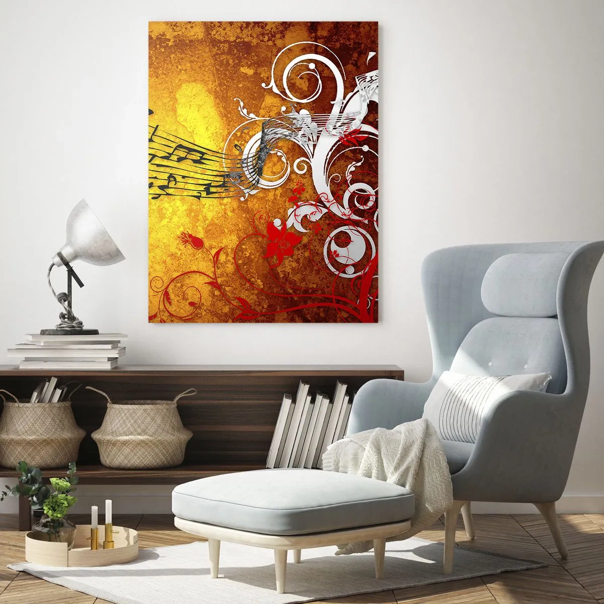 Obraz na szkle - Abstrakcyjne nuty muzyczne na kolorowym tle z ornamentami - 80x120cm - Niech płynie muzyka - Nowoczesna dekoracja ścienna do salonu i sypialni ARTTOR