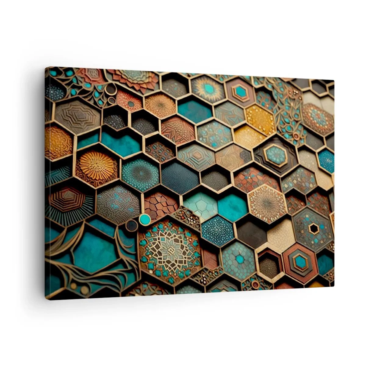 Obraz na płótnie - Kolorowe ornamenty w sześciokątnych wzorach - 70x50cm - Arabskie ornamenty – wariacja - Nowoczesna dekoracja ścienna do salonu i sypialni ARTTOR