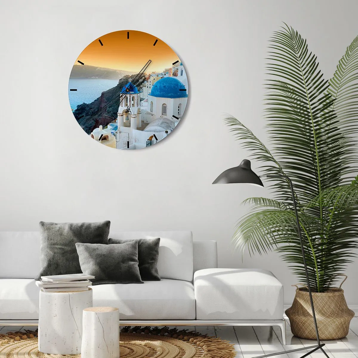 Zegar ścienny - Santorini z widokiem na morze o zachodzie słońca - 30x30cm - Santorini - przytulone do skał - Nowoczesna dekoracja ścienna do salonu, kuchni i sypialni ARTTOR