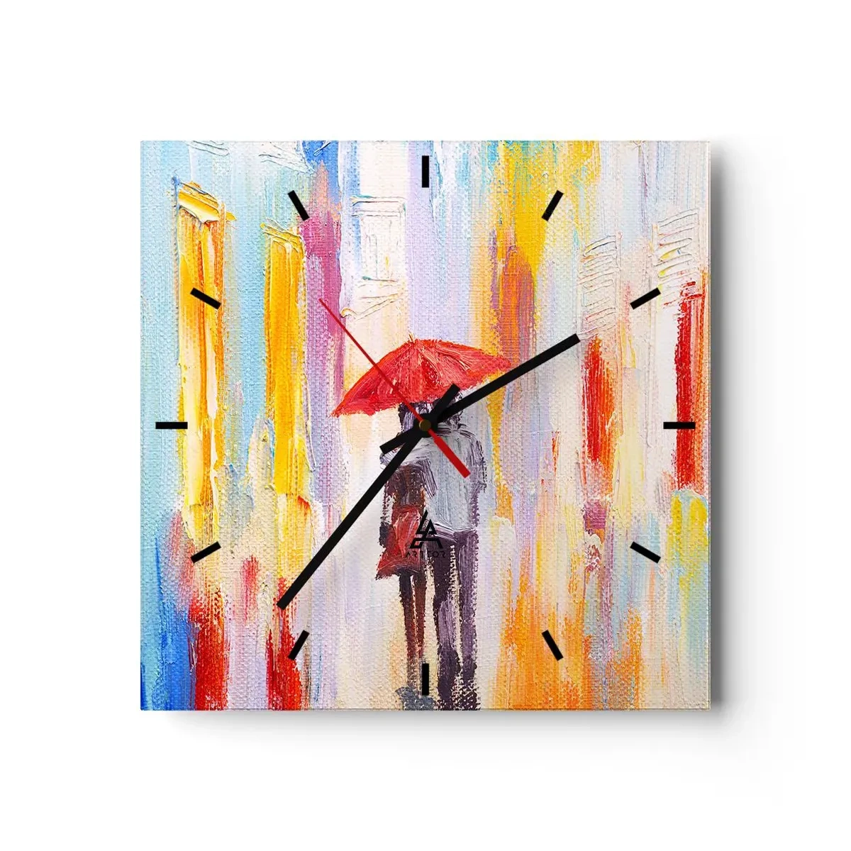 Zegar ścienny - Para pod czerwoną parasolką na tle kolorowych budynków - 30x30cm - Niech pada dalej - Nowoczesna dekoracja ścienna do salonu i sypialni ARTTOR