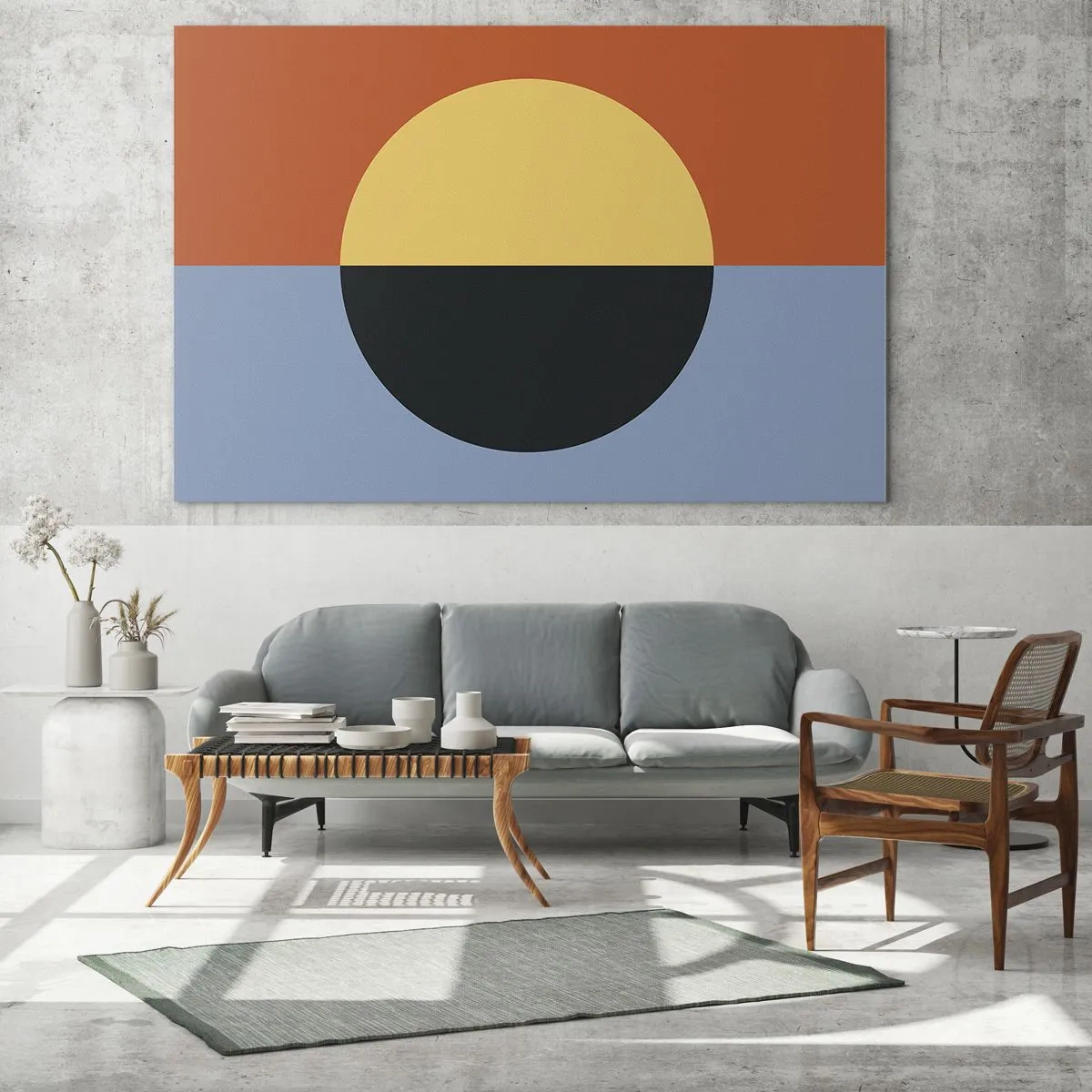 Obraz na szkle - Abstrakcyjna kompozycja z okręgiem w ciepłych i zimnych odcieniach - 70x50cm - Kompozycja ciepła i chłodu - Nowoczesna dekoracja ścienna do salonu i sypialni ARTTOR